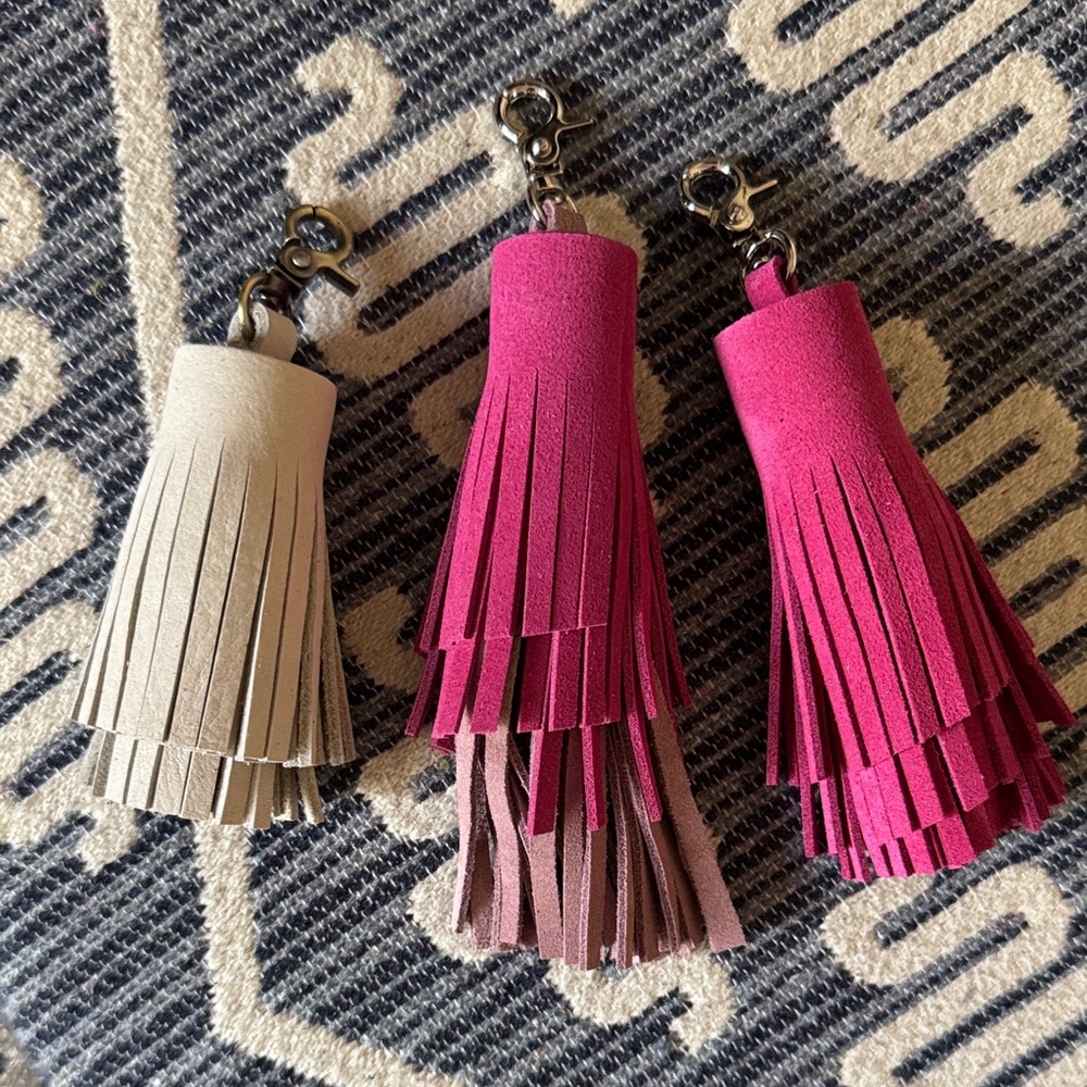 New Handmade Trio of Pink and Cream Leather and Suede Tassel Keychains clips